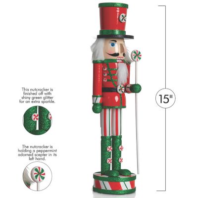 Ornativity Wooden Peppermint Christmas Nutcracker - Red, White and Green Glitter Candy Themed Holiday Nut Cracker Doll Figure Toy Soldier Decorations Image 3