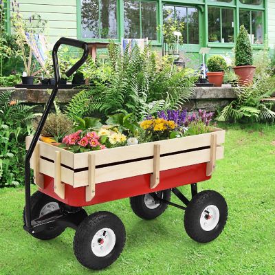 Outdoor Wagon Pulling Children Kid Garden Cart  w/ Wood Railing Red 330lbs Image 3