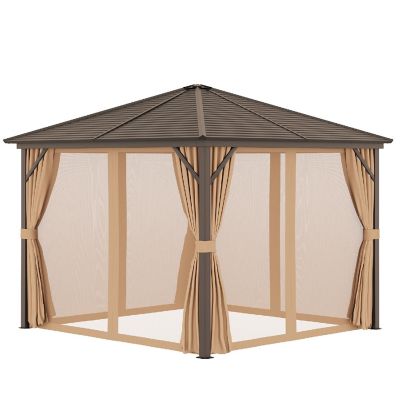 Outsunny 10' x 10' Outdoor Hardtop Patio Gazebo Steel Canopy Aluminum Frame Curtains and Top Hook Light Brown Image 1