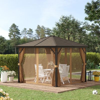 Outsunny 10' x 10' Outdoor Hardtop Patio Gazebo Steel Canopy Aluminum Frame Curtains and Top Hook Light Brown Image 2