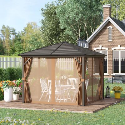Outsunny 10' x 10' Outdoor Hardtop Patio Gazebo Steel Canopy Aluminum Frame Curtains and Top Hook Light Brown Image 3