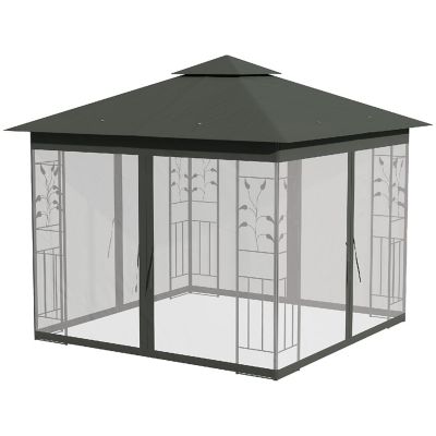 Outsunny 10' x 10' Outdoor Patio Gazebo Canopy 2 Tier Polyester Roof Curtain Sidewalls and Steel Frame Grey Image 1