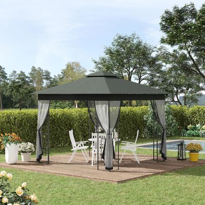Outsunny 10' x 10' Outdoor Patio Gazebo Canopy 2 Tier Polyester Roof Curtain Sidewalls and Steel Frame Grey Image 2