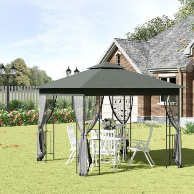 Outsunny 10' x 10' Outdoor Patio Gazebo Canopy 2 Tier Polyester Roof Curtain Sidewalls and Steel Frame Grey Image 3