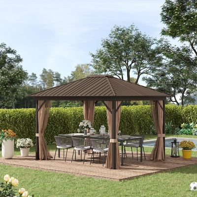 Outsunny 10' x 12' Outdoor Hardtop Gazebo Metal Roof Patio Gazebo with Aluminum Frame Brown Mesh Nettings Curtains and Roomy Interior Space 