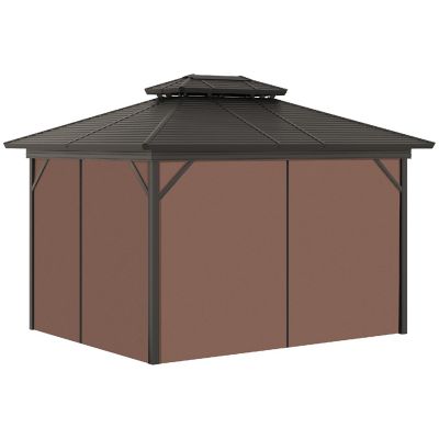 Outsunny 12' x 10' 2 Tier Aluminum Hardtop Patio Gazebo Canopy Breathable Mesh Netting and Privacy Sidewalls Black and Dark Brown Image 1