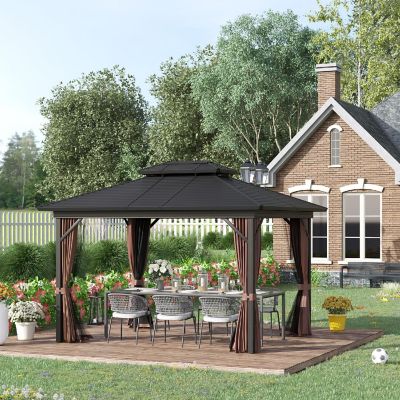Outsunny 12' x 10' 2 Tier Aluminum Hardtop Patio Gazebo Canopy Breathable Mesh Netting and Privacy Sidewalls Black and Dark Brown Image 2