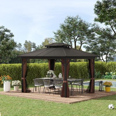 Outsunny 12' x 10' 2 Tier Aluminum Hardtop Patio Gazebo Canopy Breathable Mesh Netting and Privacy Sidewalls Black and Dark Brown Image 3