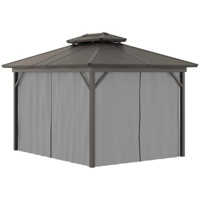 Outsunny 12' x 10' 2 Tier Aluminum Hardtop Patio Gazebo Canopy Breathable Mesh Netting and Privacy Sidewalls Black and Grey Image 1
