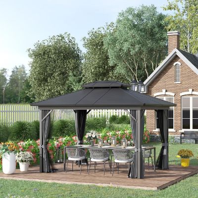 Outsunny 12' x 10' 2 Tier Aluminum Hardtop Patio Gazebo Canopy Breathable Mesh Netting and Privacy Sidewalls Black and Grey Image 2