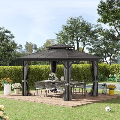 Outsunny 12' x 10' 2 Tier Aluminum Hardtop Patio Gazebo Canopy Breathable Mesh Netting and Privacy Sidewalls Black and Grey Image 3