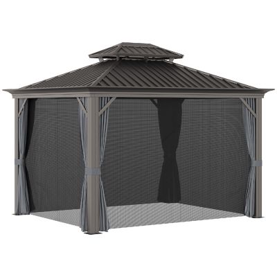 Outsunny 12' x 10' Hardtop Patio Gazebo Canopy Outdoor Pavilion Galvanized Steel Frame Netting Sidewalls Curtains Charcoal Grey Image 1