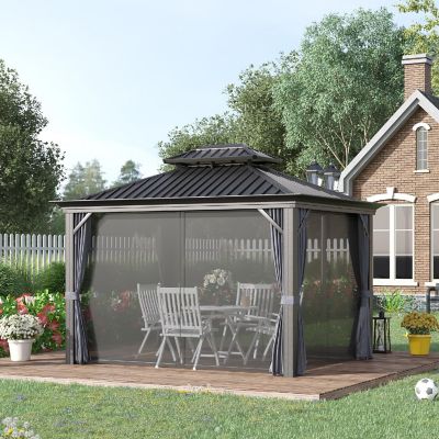 Outsunny 12' x 10' Hardtop Patio Gazebo Canopy Outdoor Pavilion Galvanized Steel Frame Netting Sidewalls Curtains Charcoal Grey Image 2