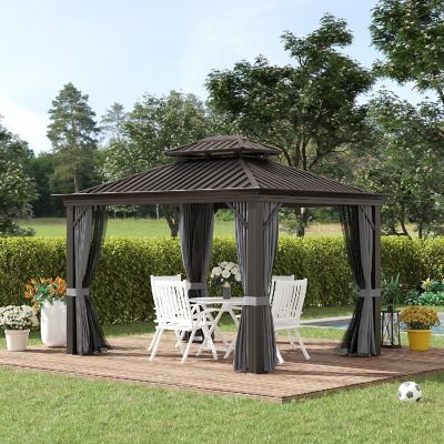 Outsunny 12' x 10' Hardtop Patio Gazebo Canopy Outdoor Pavilion Galvanized Steel Frame Netting Sidewalls Curtains Charcoal Grey Image 3
