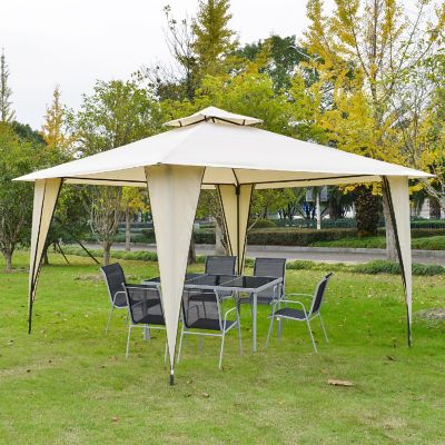 Outsunny 12' x 12' Outdoor Canopy Tent Party Gazebo Double Tier Roof Steel Frame Included Ground Stakes Beige Image 2