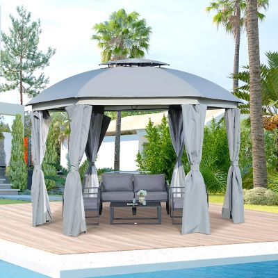 Outsunny 12' x 12' Round Outdoor Patio Gazebo Canopy 2 Tier Roof Netting Sidewalls and Strong Steel Frame Grey Image 1