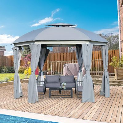 Outsunny 12' x 12' Round Outdoor Patio Gazebo Canopy 2 Tier Roof Netting Sidewalls and Strong Steel Frame Grey Image 2