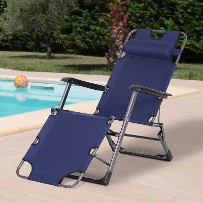 Outsunny 2 in 1 Folding Patio Lounge Chair w/ Pillow Outdoor Portable Sun Lounger Reclining to 120 degree/180 degree Oxford Fabric Navy Image 1