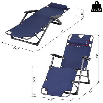 Outsunny 2 in 1 Folding Patio Lounge Chair w/ Pillow Outdoor Portable Sun Lounger Reclining to 120 degree/180 degree Oxford Fabric Navy Image 2