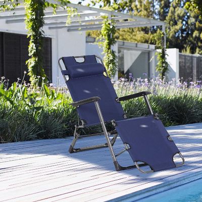 Outsunny 2 in 1 Folding Patio Lounge Chair w/ Pillow Outdoor Portable Sun Lounger Reclining to 120 degree/180 degree Oxford Fabric Navy Image 3