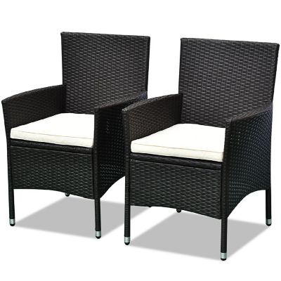 Outsunny 2 PCS Rattan Wicker Dining Chairs Cushions and Anti Slip Foot Patio Stackable Chairs Set for Backyard Garden Lawn Dark Coffee Image 1
