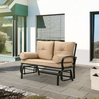 Outsunny 2 Person Outdoor Glider Chair Patio Double Rocking Loveseat Steel Frame and Cushions for Backyard Garden and Porch Khaki Image 2