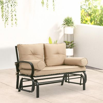 Outsunny 2 Person Outdoor Glider Chair Patio Double Rocking Loveseat Steel Frame and Cushions for Backyard Garden and Porch Khaki Image 3
