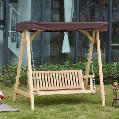 Outsunny 2 Person Outdoor Porch Swing Wooden Stand Strong A Frame Design and Adjustable Water Fighting Canopy Image 1