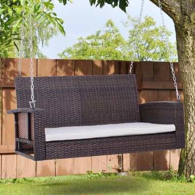 Outsunny 2 Person Wicker Hanging Porch Swing Bench Outdoor Chair Cushions Cream White Image 3