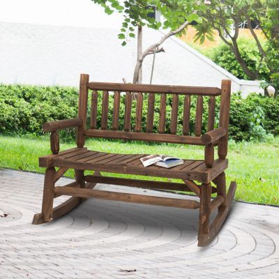 Outsunny 2 Person Wood Rocking Chair Log Design Heavy Duty Loveseat Image 1