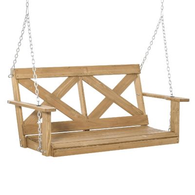 Outsunny 2 Person Wooden Porch Swing Sturdy Steel Chains and Rustic X Shaped Design for the Outdoors Natural Image 1