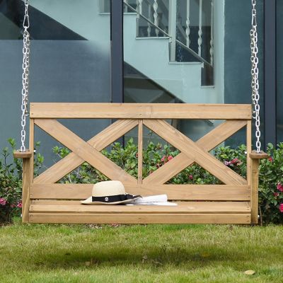 Outsunny 2 Person Wooden Porch Swing Sturdy Steel Chains and Rustic X Shaped Design for the Outdoors Natural Image 2