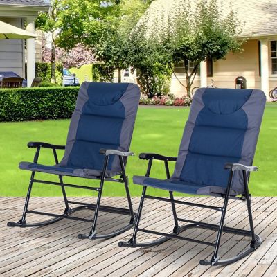 Outsunny 2 Piece Folding Rocking Chair Set Armrests Padded Seat and Backrest Navy Blue and Grey Image 1