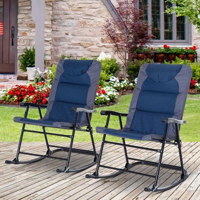 Outsunny 2 Piece Folding Rocking Chair Set Armrests Padded Seat and Backrest Navy Blue and Grey Image 3