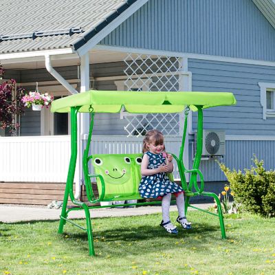 Outsunny 2 Seat Kids Canopy Swing Children Outdoor Patio Lounge Chair for Garden Porch Adjustable Awning Seat Belt Frog Pattern for 3 6 years old Green Image 2