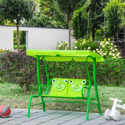 Outsunny 2 Seat Kids Canopy Swing Children Outdoor Patio Lounge Chair for Garden Porch Adjustable Awning Seat Belt Frog Pattern for 3 6 years old Green Image 3