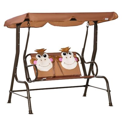 Outsunny 2 Seat Kids Canopy Swing Children Outdoor Patio Lounge Chair for Garden Porch Adjustable Awning Seat Belt Monkey Pattern for 3 6 years old Coffee Image 1