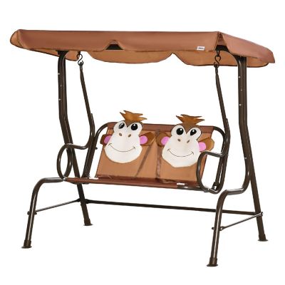 Outsunny 2 Seat Kids Canopy Swing Children Outdoor Patio Lounge Chair for Garden Porch Adjustable Awning Seat Belt Monkey Pattern for 3 6 years old Coffee Image 1