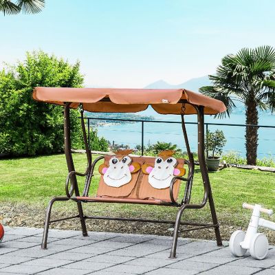 Outsunny 2 Seat Kids Canopy Swing Children Outdoor Patio Lounge Chair for Garden Porch Adjustable Awning Seat Belt Monkey Pattern for 3 6 years old Coffee Image 3
