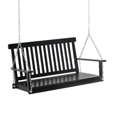 Outsunny 2 Seater Outdoor Patio Porch Swing Chair Seat Slatted Build Hanging Chains Fir Wooden Design Black Image 1