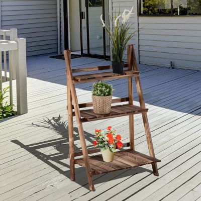 Outsunny 23" x 14.25" x 36" 3 Level Rustic Wooden Folding Plant Stand Slat Bottom and Elevated Vertical Design Image 1