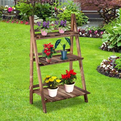 Outsunny 23" x 14.25" x 36" 3 Level Rustic Wooden Folding Plant Stand Slat Bottom and Elevated Vertical Design Image 2