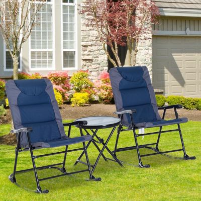 Outsunny 3 Piece Foldable Rocking Chair Outdoor Padded Bistro Set Glass Table Top Blue Image 1