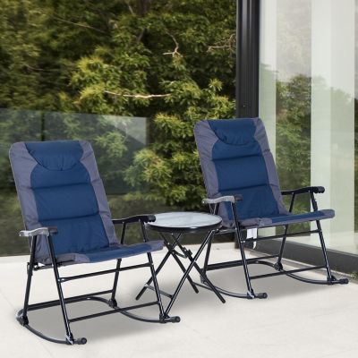 Outsunny 3 Piece Foldable Rocking Chair Outdoor Padded Bistro Set Glass Table Top Blue Image 3