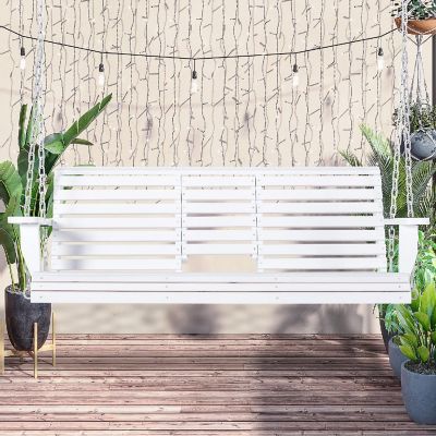 Outsunny 3 Seater Wooden Porch Swing Bench Folding Coffee Table Durable PU Coating Chains Included White Image 1