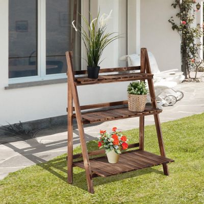 Outsunny 31" x 14" x 37" 3 Level Rustic Wooden Folding Plant Stand Slatted Bottom and Elevated Vertical Design Image 1