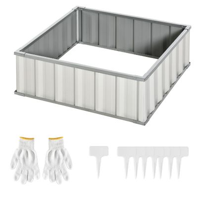 Outsunny 3x3ft Metal Raised Garden Bed Steel Planter Box No Bottom w/ A Pairs of Glove for Backyard Patio to Grow Vegetables Herbs and Flowers White Image 1