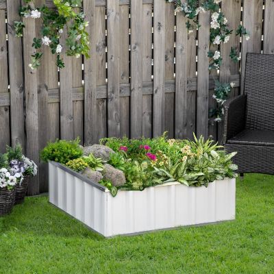 Outsunny 3x3ft Metal Raised Garden Bed Steel Planter Box No Bottom w/ A Pairs of Glove for Backyard Patio to Grow Vegetables Herbs and Flowers White Image 2