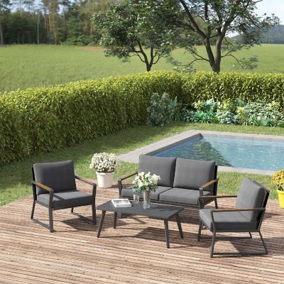 Outsunny 4 Piece Solid Acacia Wood Outdoor Patio Furniture Chat Set with Cushions 