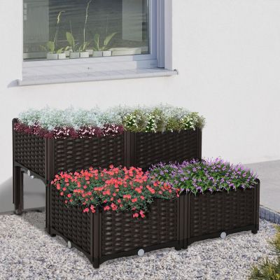 Outsunny 4 Piece Plastic Raised Garden Bed Planter Box Self Watering Design and Drainage Holes for Flowers Brown Image 1